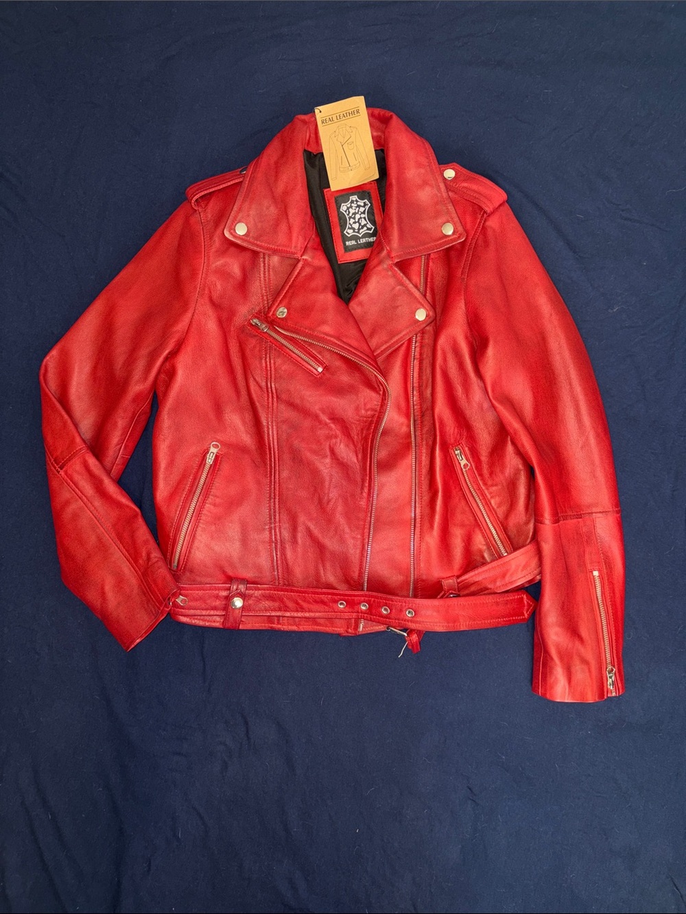 Women's Red Leather Motorcycle Jacket with Asymmetrical Zip